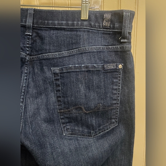 7 For All Mankind Mens Bootcut Jeans 36x32 Stretch Denim Whiskered Dark Blue - Picture 7 of 16